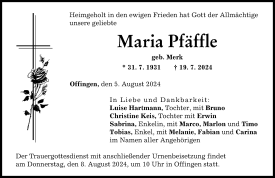 Traueranzeige von Maria Pfäffle von Günzburger Zeitung