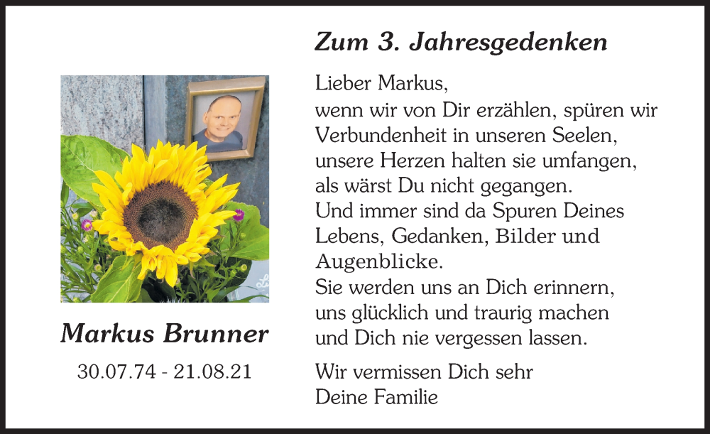  Traueranzeige für Markus Brunner vom 21.08.2024 aus Augsburger Allgemeine