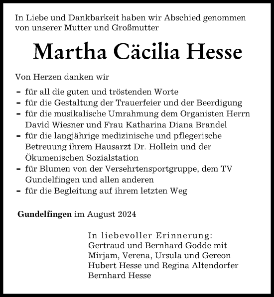 Traueranzeige von Martha Hesse von Donau Zeitung