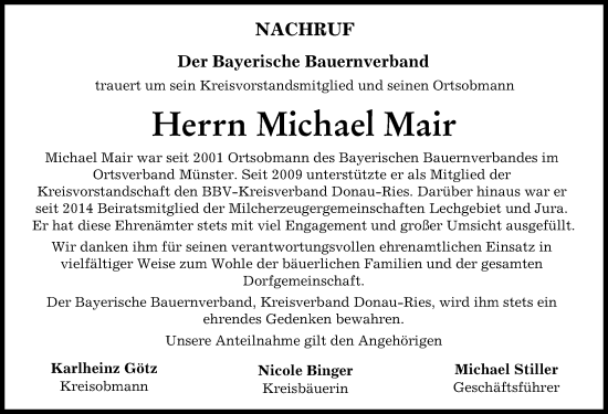 Traueranzeige von Michael Mair von Rieser Nachrichten, Donauwörther Zeitung