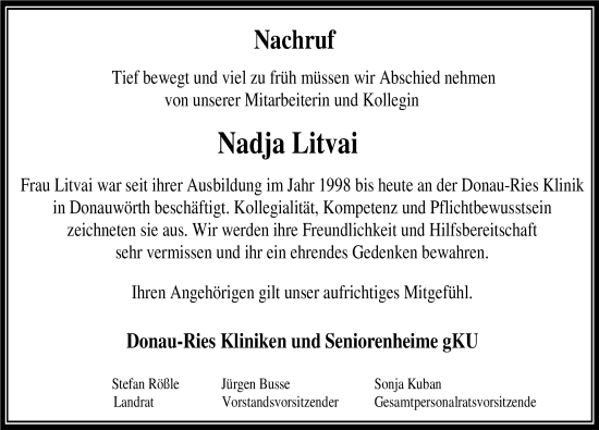 Traueranzeige von Nadja Litvai von Rieser Nachrichten