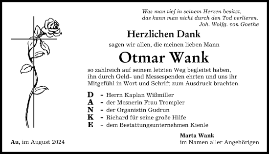 Traueranzeige von Otmar Wank von Illertisser Zeitung