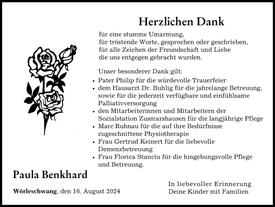 Traueranzeige von Paula Benkhard von Augsburg-Land