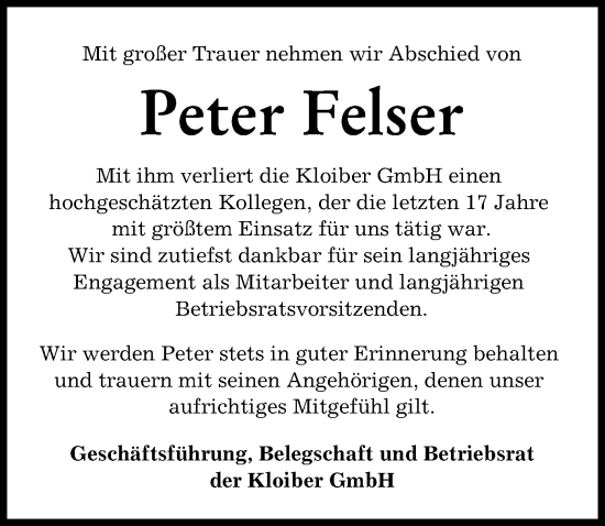 Traueranzeige von Peter Felser von Landsberger Tagblatt