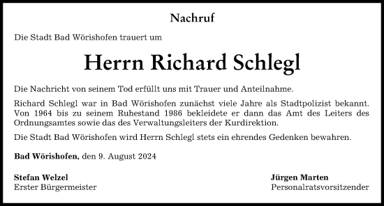 Traueranzeige von Richard Schlegl von Mindelheimer Zeitung