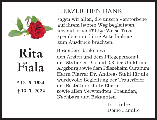 Traueranzeige von Rita Fiala von Augsburger Allgemeine