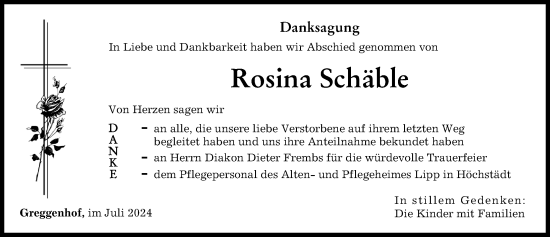 Traueranzeige von Rosina Schäble von Wertinger Zeitung, Augsburg-Land