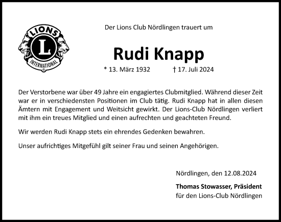 Traueranzeige von Rudi Knapp von Rieser Nachrichten