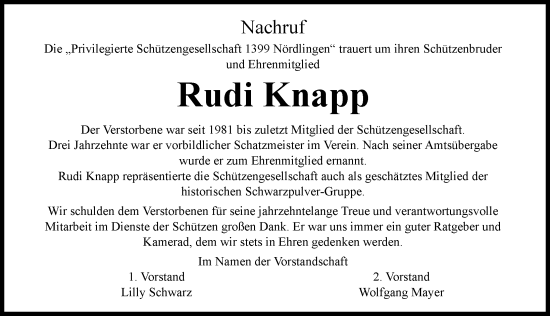 Traueranzeige von Rudi Knapp von Rieser Nachrichten