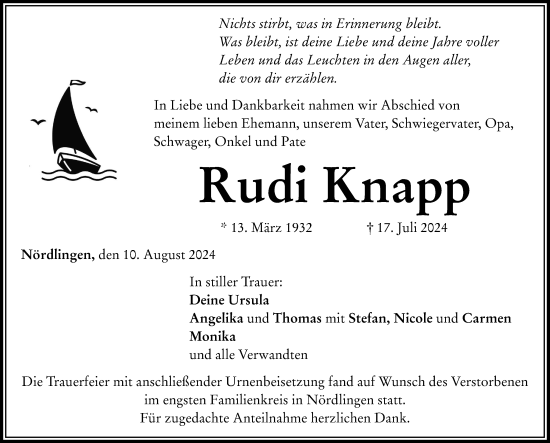 Traueranzeige von Rudi Knapp von Rieser Nachrichten