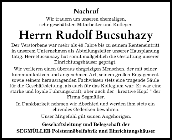 Traueranzeige von Rudolf Bucsuhazy von Augsburger Allgemeine