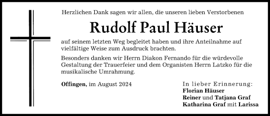 Traueranzeige von Rudolf Paul Häuser von Günzburger Zeitung