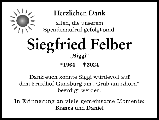 Traueranzeige von Siegfried Felber von Günzburger Zeitung