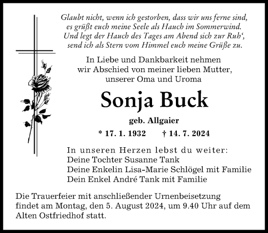 Traueranzeige von Sonja Buck von Augsburger Allgemeine