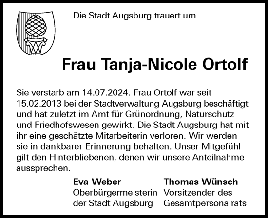 Traueranzeige von Tanja-Nicole Ortolf von Augsburger Allgemeine