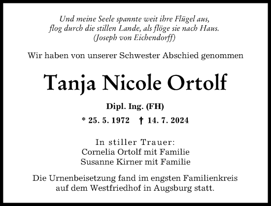 Traueranzeige von Tanja Nicole Ortolf von Augsburger Allgemeine