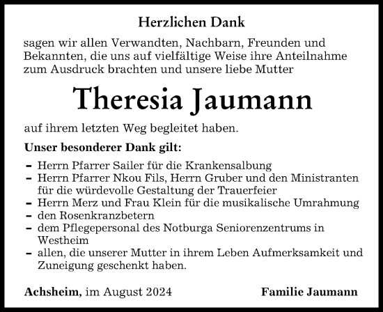 Traueranzeige von Theresia Jaumann von Augsburg-Land