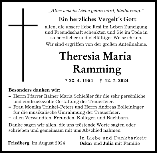 Traueranzeige von Theresia Maria Ramming von Friedberger Allgemeine