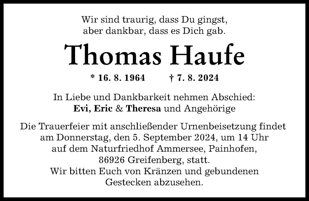  Traueranzeige für Thomas Haufe vom 17.08.2024 aus Landsberger Tagblatt