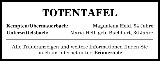Traueranzeige von Totentafel vom 03.08.2024 von Aichacher Nachrichten
