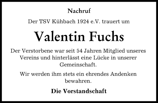 Traueranzeige von Valentin Fuchs von Aichacher Nachrichten
