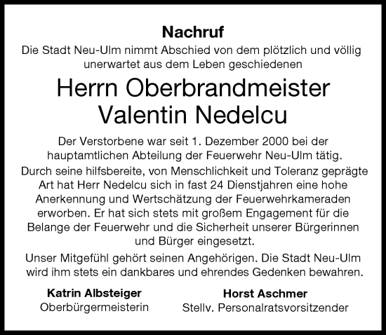 Traueranzeige von Valentin Nedelcu von Neu-Ulmer Zeitung