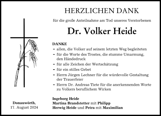 Traueranzeige von Volker Heide von Donauwörther Zeitung