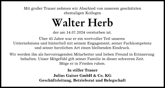 Traueranzeige von Walter Herb von Neu-Ulmer Zeitung