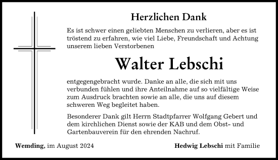 Traueranzeige von Walter Lebschi von Donauwörther Zeitung