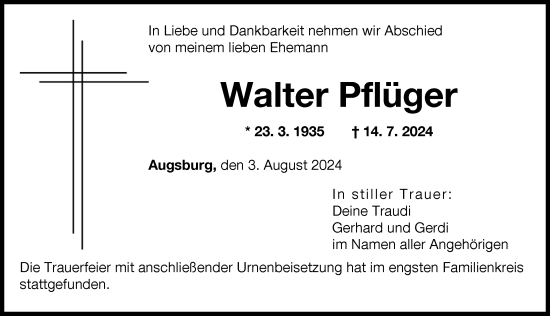 Traueranzeige von Walter Pflüger von Augsburger Allgemeine
