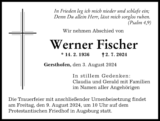 Traueranzeige von Werner Fischer von Augsburger Allgemeine
