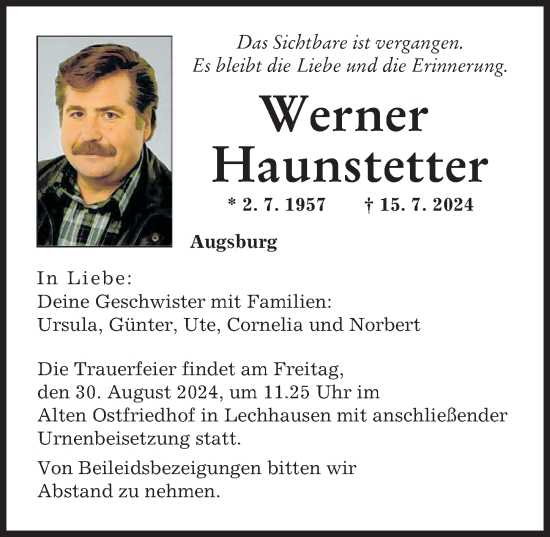 Traueranzeige von Werner Haunstetter von Augsburger Allgemeine