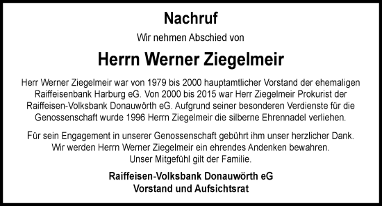 Traueranzeige von Werner Ziegelmeir von Donauwörther Zeitung