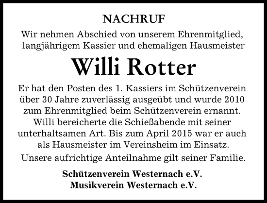 Traueranzeige von Willi Rotter von Mindelheimer Zeitung