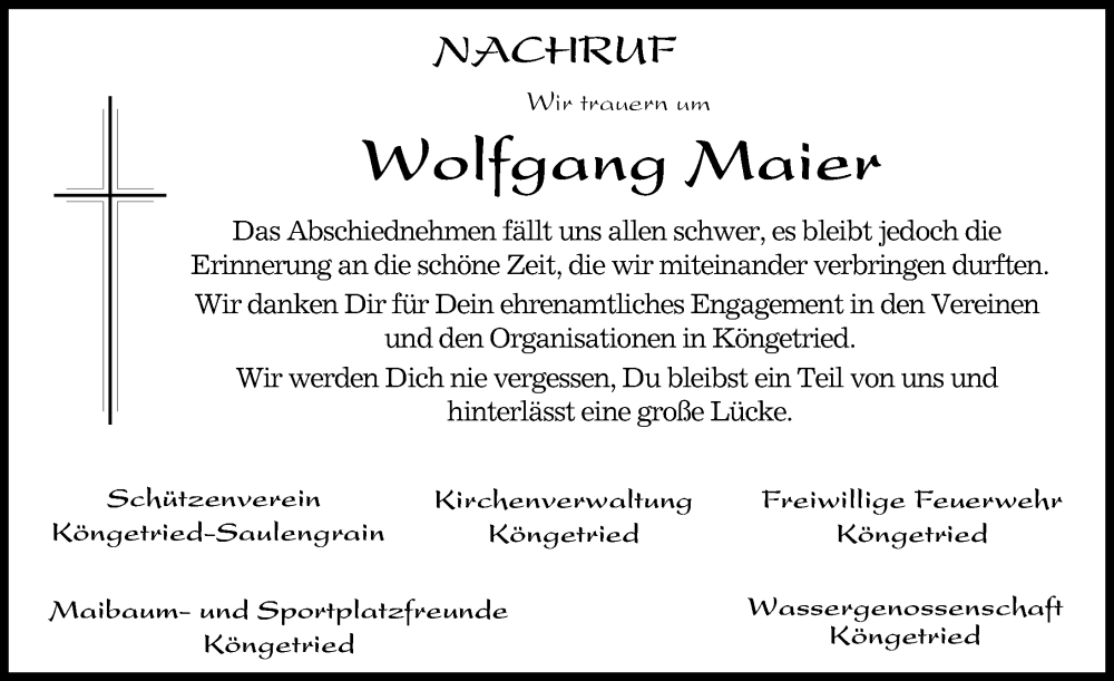  Traueranzeige für Wolfgang Maier vom 06.08.2024 aus Mindelheimer Zeitung