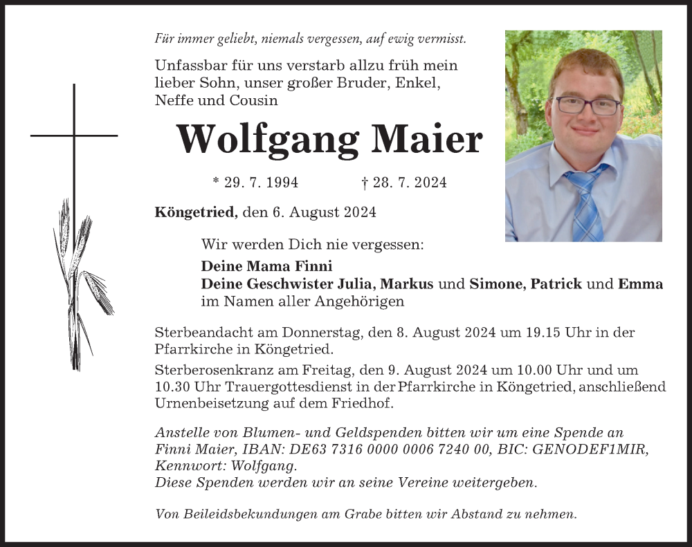  Traueranzeige für Wolfgang Maier vom 06.08.2024 aus Mindelheimer Zeitung