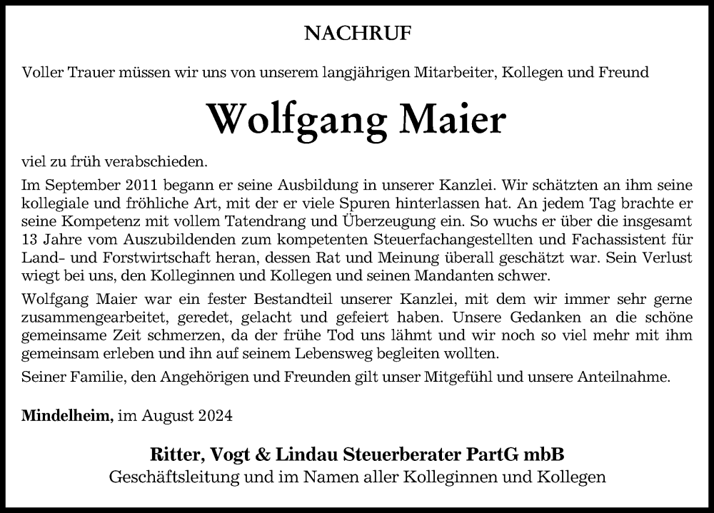  Traueranzeige für Wolfgang Maier vom 06.08.2024 aus Mindelheimer Zeitung