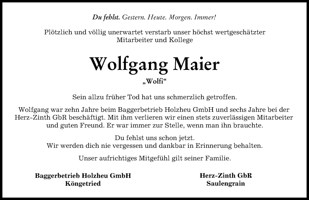  Traueranzeige für Wolfgang Maier vom 06.08.2024 aus Mindelheimer Zeitung