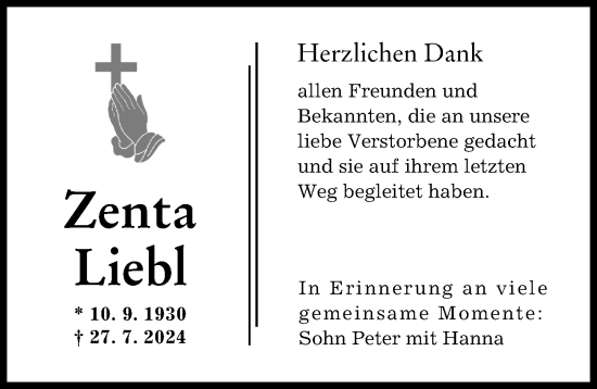 Traueranzeige von Zenta Liebl von Augsburger Allgemeine