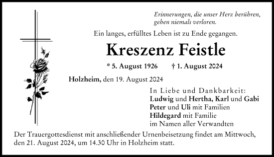 Traueranzeige von Kreszenz Feistle von Donau-Zeitung