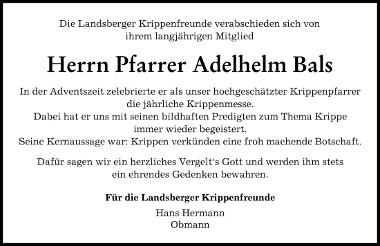 Traueranzeige von Adelhelm Bals von Landsberger Tagblatt