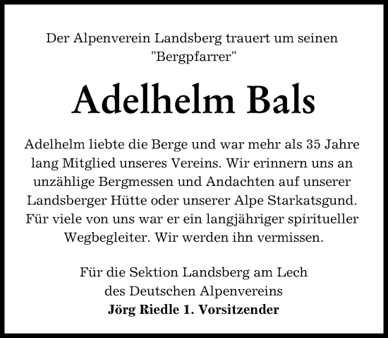 Traueranzeige von Adelhelm Bals von Landsberger Tagblatt
