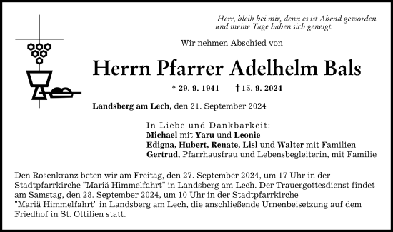 Traueranzeige von Adelhelm Bals von Landsberger Tagblatt