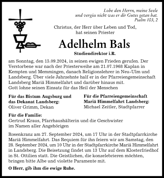 Traueranzeige von Adelhelm Bals von Augsburger Allgemeine