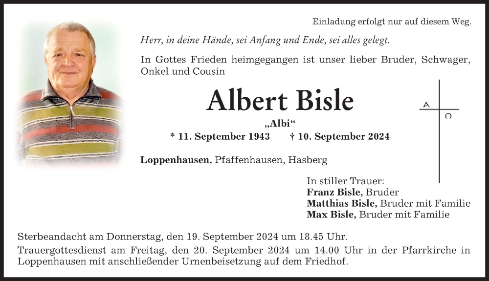  Traueranzeige für Albert Bisle vom 18.09.2024 aus Mittelschwäbische Nachrichten, Mindelheimer Zeitung