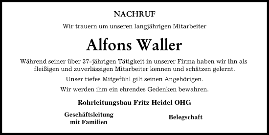 Traueranzeige von Alfons Waller von Günzburger Zeitung, Donau Zeitung
