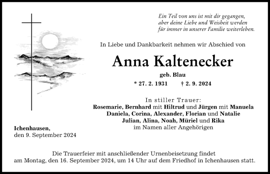 Traueranzeige von Anna Kaltenecker von Günzburger Zeitung