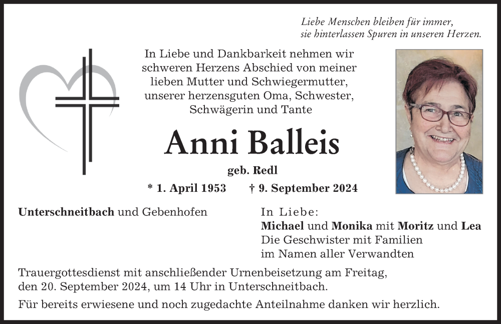  Traueranzeige für Anni Balleis vom 14.09.2024 aus Aichacher Nachrichten