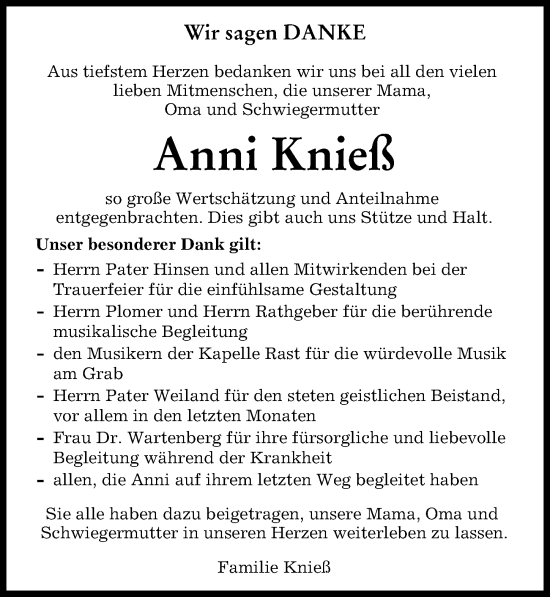 Traueranzeige von Anni Knieß von Friedberger Allgemeine, Aichacher Nachrichten, Augsburger Allgemeine