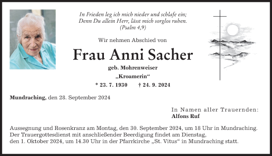Traueranzeige von Anni Sacher von Landsberger Tagblatt